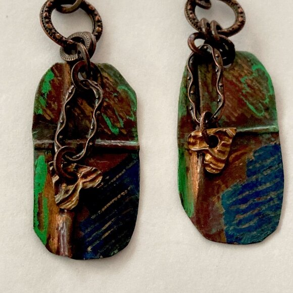 Handmade Drop Earrings Copper Fold Formed Hammered Fired Hearts Rustic Patina - Picture 1 of 7
